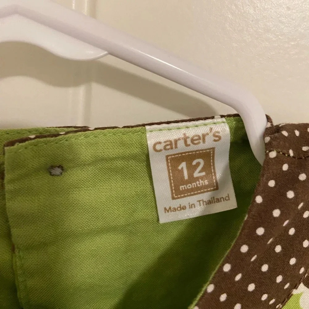 EUC | Carter’s baby girl green‎ & brown floral high neck dress — 12 months